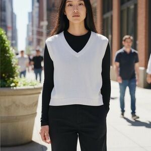 LIO Sweater Vest Knit V-Neck Sleeveless Med Cotton Off White